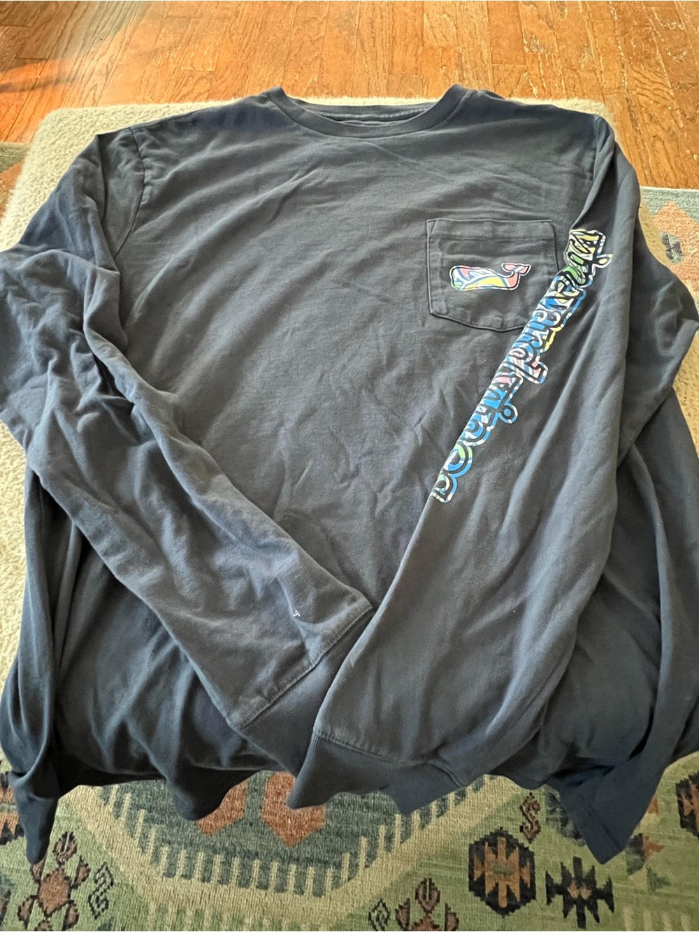 Navy Vinyard Vines Long Sleeve Pocket Tee with Colorful Sleeve Graphic